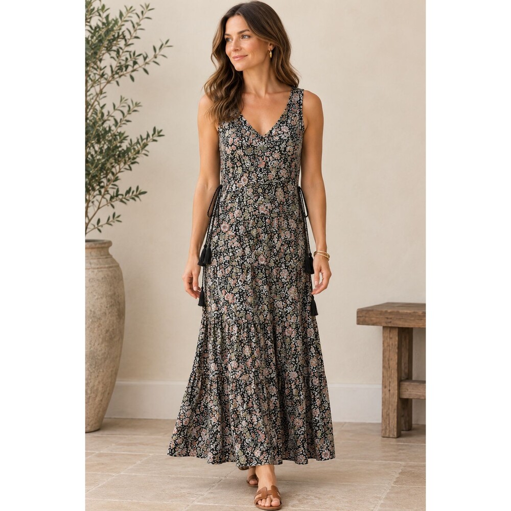 J. Jill Gray Pink Floral Sleeveless Rayon Maxi Dress Size XL Tiered V-Neck